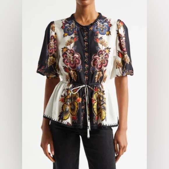 FARM RIO Black and Blue Floral Top w/ties - Picture 1 of 11